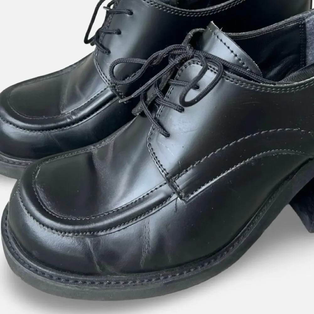 Vintage Y2K Steve Madden Black Leather Chunky Heel Oxford Shoes Size 7.5 grunge